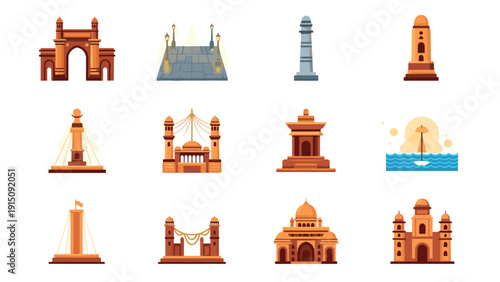 Icon set of famous indian landmarks in flat design style
