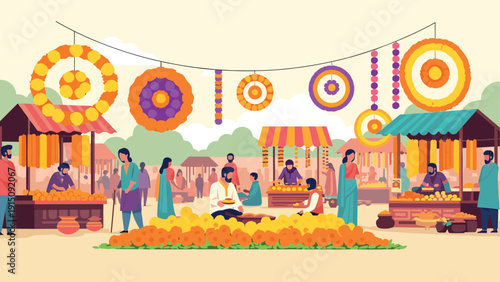 Vibrant outdoor flower market scene with hanging decor and stalls