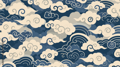 Seamless vintage cloud pattern with swirling designs in blue and beige