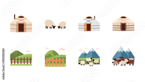 Traditional yurt and sheep icons set with pastoral landscape elements