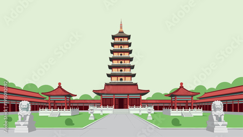 Traditional asian pagoda and temple complex with sculpted lions in flat design