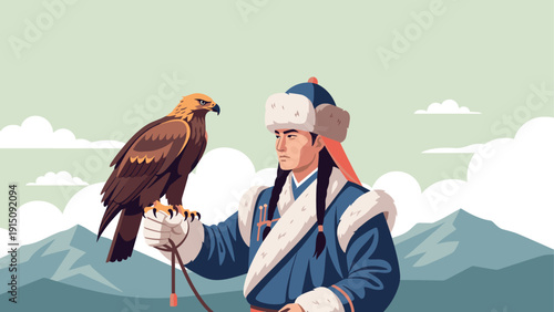 Traditional falconry: mongolian hunter with eagle in scenic mountain landscape