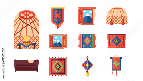 Flat interior decor set featuring rugs and tapestries with traditional patterns