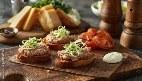 Wallpaper Mural Tuna spread bruschetta topped with green onion, fish pâté on a wooden platter Torontodigital.ca