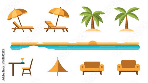 Beachside relaxation icons: palm trees, sunset, and leisure furniture in flat design
