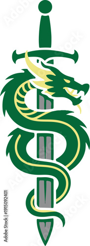 Green Dragon Wrapped Around a Sword Emblem Logo