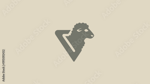 A gray sheep head profile, partially within a downward-pointing triangle, against a light beige backdrop