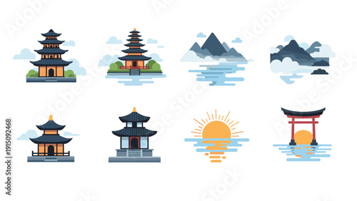 Japanese cultural elements set with temples and natural landscapes
