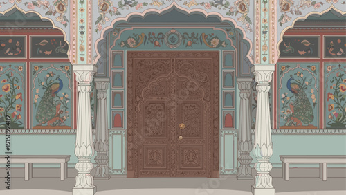Ornate royal doorway with intricate peacock motifs and detailed floral carvings