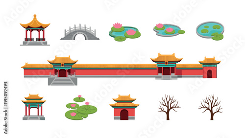 Traditional chinese architecture elements with bridges and lotus ponds