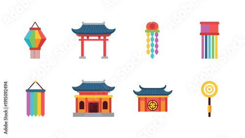 Colorful traditional asian elements collection: lanterns, pagoda, and torii gate icons