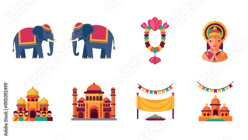 Colorful traditional indian icons featuring temples, elephants, and cultural symbols