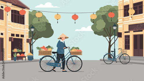 Peaceful street scene with cyclist in traditional hat under lanterns