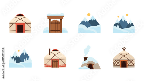 Traditional winter yurts and snow-capped mountains