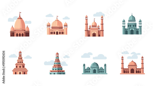 Collection of famous iconic landmarks in flat design with subtle colors