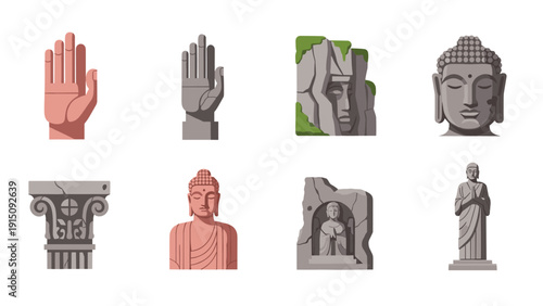 Ancient statues and sculptures set featuring buddha and classical columns