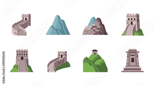 Icon set of great wall elements with mountains in flat design style
