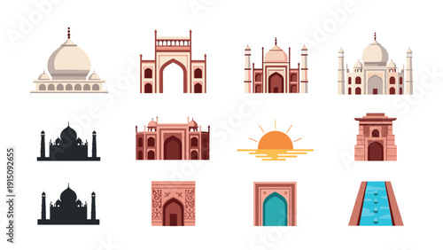 Historic indian architecture icons set featuring famous monuments in flat design