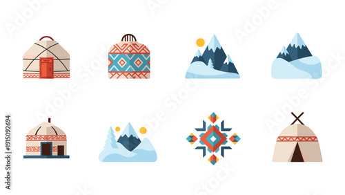 Traditional yurts and snowy mountains with geometric patterns