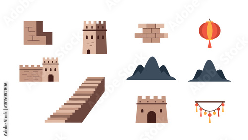 Great wall and lanterns: minimalist chinese landmarks and icons set