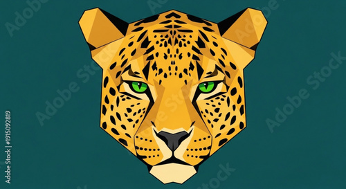 Vibrant geometric leopard face with green eyes on dark teal background illustration