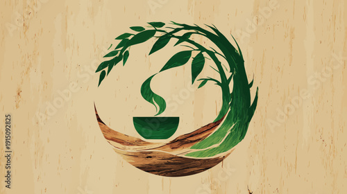 Illustration of a green cup with steam rising, surrounded by leaves and a wooden texture