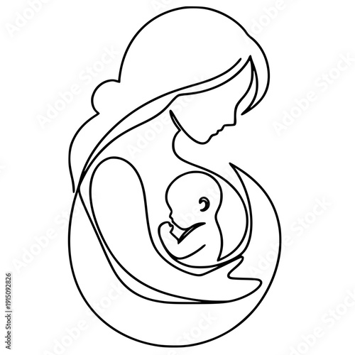 Mother cradling newborn baby in her arms gentle loving care and nurturing depicted in simple yet emotive line art illustration.