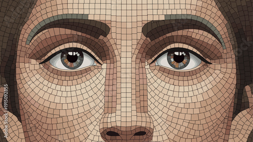 Mosaic art face close-up with geometric tiles in neutral tones