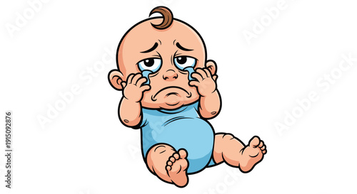 A vivid vector illustration of a sad baby shedding big tears, capturing the intense emotion of crying, expressing profound sadness, distress, and the vulnerability of infancy