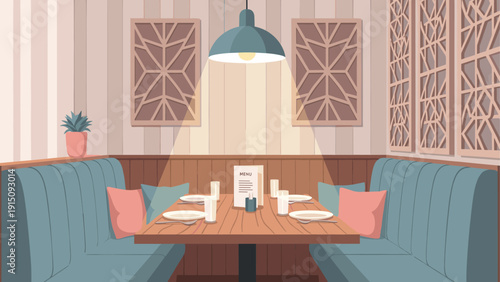 Cozy restaurant booth with wooden table and modern decor in warm pastel tones