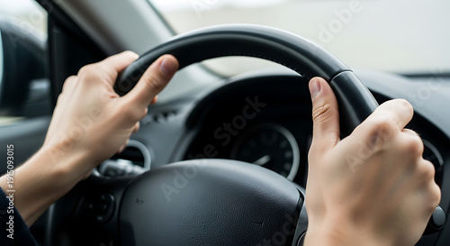 Focused Driver's Hands Gripping Steering Wheel While Navigating Road Ahead