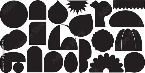 Collection of various black shapes and silhouettes on white