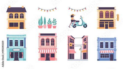 Charming european cityscape with colorful buildings and scooter in flat design