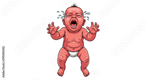 Emotional illustration of a distressed newborn baby, red-faced and crying loudly with an open mouth and streaming tears, conveying intense discomfort or sadness