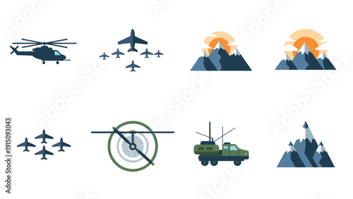 Military aircraft and mountain landscape icons in flat design