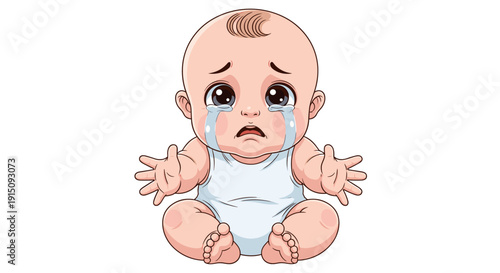 A sad baby illustration with tears, crying and looking distressed, expressing an emotion of sadness
