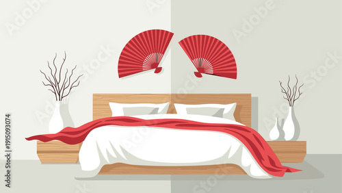 Elegant minimalist bedroom decor with red elements and asian style fans