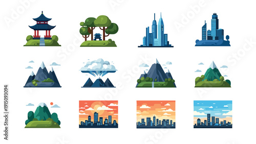 Stylized urban and nature landscapes with vibrant elements