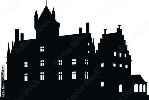 Medieval castle silhouette, gothic palace architecture, historic European fortress building, ancient landmark tower structure, vintage city skyline vector illustration isolated on white background
