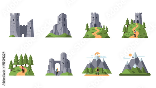 Medieval castle scenes with hiking and nature exploration in a flat design style