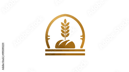 A golden logo features wheat stalks atop a loaf of bread, framed by an arch and supporting lines
