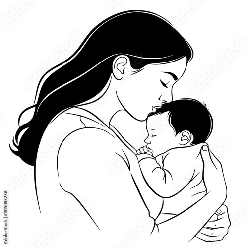Caring mother gently holding and kissing her sleeping newborn baby in a tender and loving moment showcasing maternal love and affection.