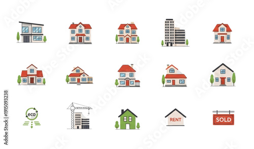 Minimal Colorful Residential House Flat Icon Set EPS 10
