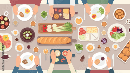 Top view dining table with diverse appetizers, hands, and dishes in flat design