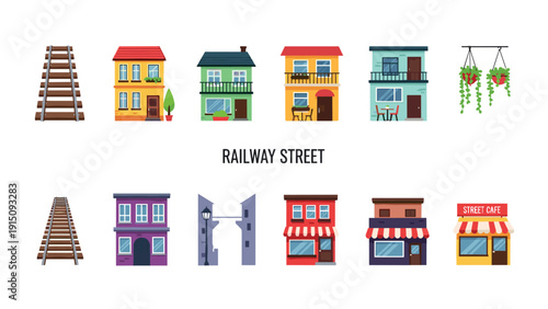 Charming railway street with colorful houses and cafes