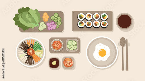 Top view of traditional korean meal with fresh vegetables and egg dish