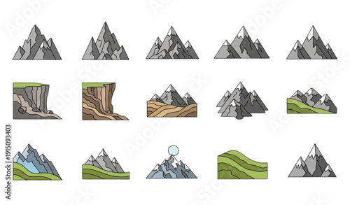 Minimal Flat Rocky Mountain Peaks and Hills Icon Set EPS 10
