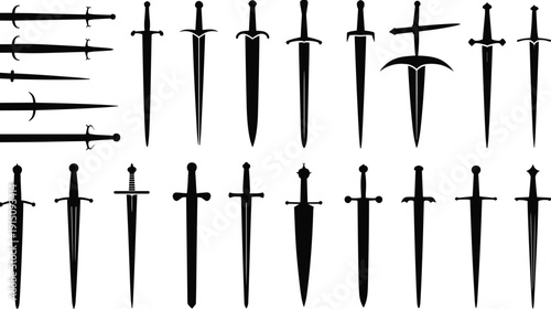 Medieval dagger and sword silhouettes collection, ancient blade weapons set, black vector illustration isolated on white background, historical knight design