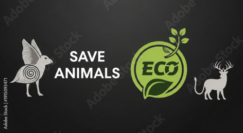 Eco friendly save animals concept with bird deer and leafy green logo on black background