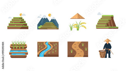 Flat design rice farming elements with terraces, fields, and farmer icon